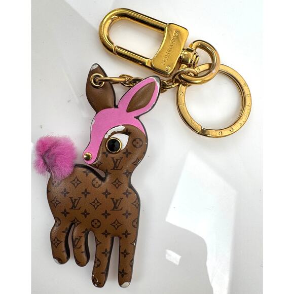 Louis Vuitton Reverse Monogram Deer Baby Doe Fur Tail Key Ring Bag Charm - Picture 1 of 8